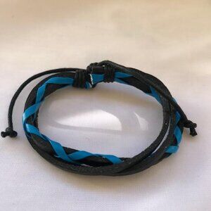 Black & Blue Wrap Braided Leather Handmade Bracelet Adjustable Wristband